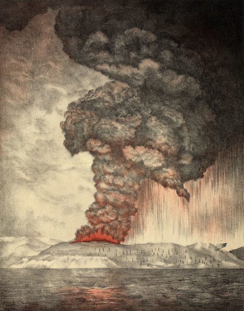 An 1888 lithograph of the 1883 eruption of Krakatoa.