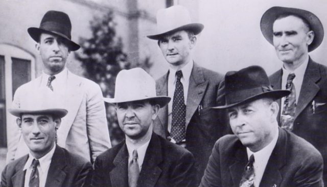 LEFT TO RIGHT, STANDING: Ted Hinton, Prentiss Oakley and B.M. “Maney” Gault SITTING: Bob Alcorn, Henderson Jordan and Frank Hamer. 