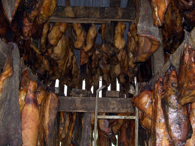 Hákarl hanging to dry in Iceland Photo Credit