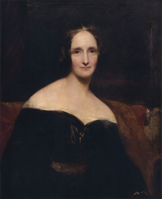 Mary Shelley's portrait by Richard Rothwell, shown at the Royal Academy in 1840, accompanied by lines from Percy Shelley's poem The Revolt of Islam calling her a "child of love and light"
