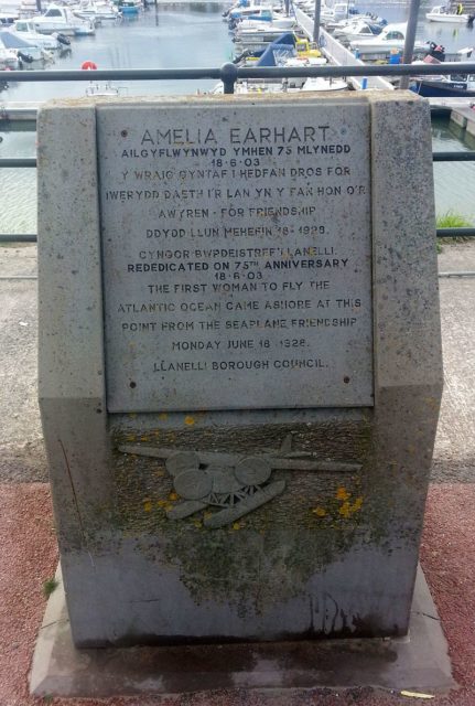 Commemoration Stone for Amelia Earhart's 1928 transatlantic flight, next to the quay side in Burry Port, Wales Photo Credit
