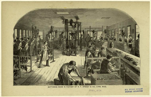 By the late 19th century, the shoemaking industry had migrated to the factory and was increasingly mechanized. Pictured, the bottoming room of the B. F. Spinney & Co. factory in Lynn, Massachusetts, 1872.