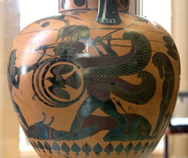 Chalcidian pottery depicting Heracles fighting the monster Geryon, each of whose three heads is wearing a Chalcidian helmet.
