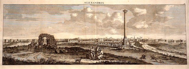 Cornelius de Bruyn, view of Pompey's Pillar with Alexandria in the background, 1681.