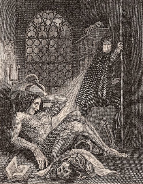 The frontispiece to the 1831 Frankenstein by Theodor von Holst, one of the first two illustrations for the novel