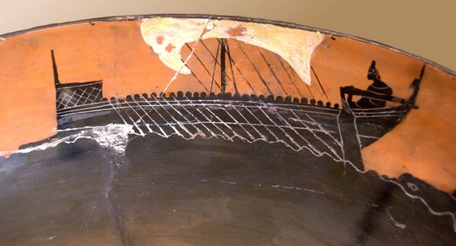 Image of a ship on Attic black-figure pottery (c. 520 BC). This is the sort of boat that the Diolkos may have transported in Periander's time.