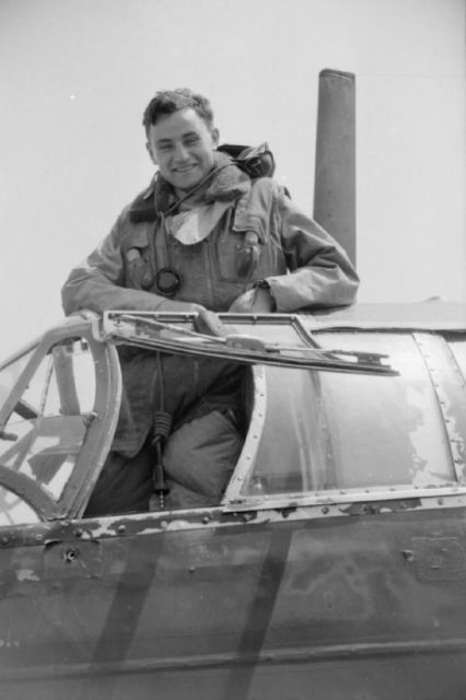 WM caption : Sergeant James Allan Ward of No. 75 (New Zealand) Squadron RAF, the first New Zealander to win the Victoria Cross during the Second World War, standing in the cockpit of his Vickers Wellington Mark IC, L7818 'AA-V', at Feltwell, Norfolk