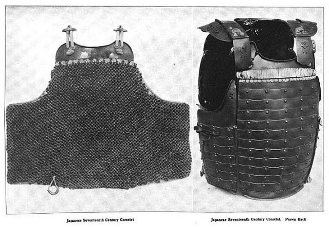 Kusari tatami dō, a cuirass made from chain armour shown next to a traditional iron cuirass.