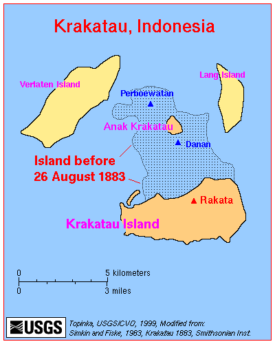A map of Krakatoa after the 1883 eruption, showing the change in geography.