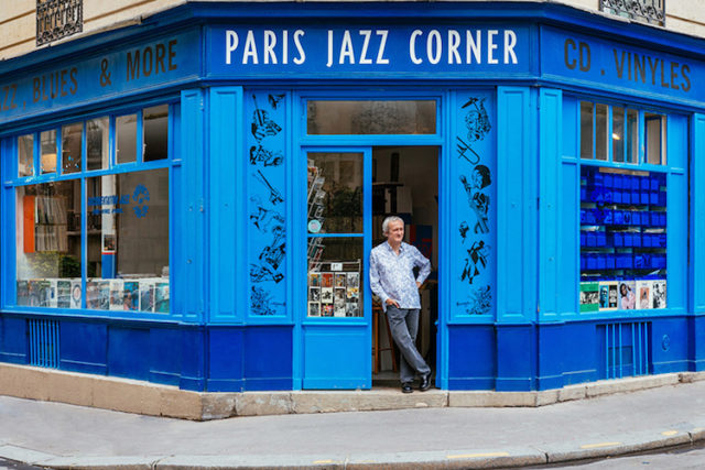 Maxime Hubert, at the entrance of the reference jazz music shop in Paris