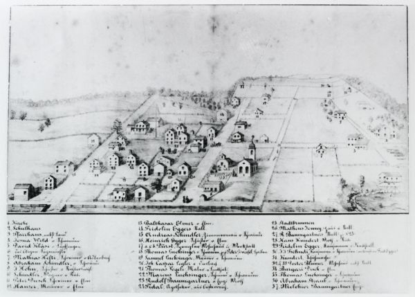 A bird's eye drawing of New Glarus, Wisconsin (1860) Photo Credit 