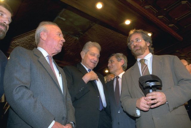 president-ezer-weizman-center-and-prime-minister-yitzhak-rabin-left-with-director-steven-spielberg-right-at-the-israeli-premier-of-his-movie Photo Credit