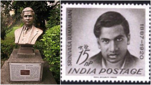 Left photo - Bust of Ramanujan in the garden of Birla Industrial & Technological Museum in Kolkata, India. Photo credit, Right photo - Ramanujan on an Indian stamp