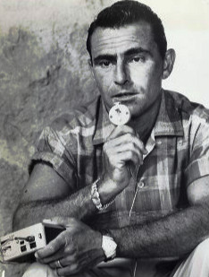 Serling working on his script with a dictating machine, 1959
