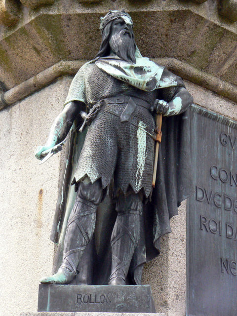 Rollo on the Six Dukes statue in Falaise town square. Photo Credit