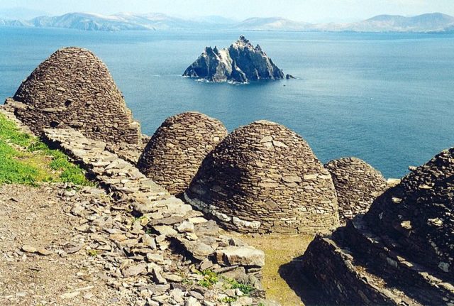 Skellig Michael, beehive cells and Small Skellig. Photo Credit