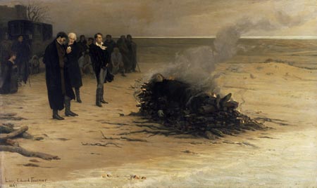 The Funeral of Shelley by Louis Édouard Fournier (1889); pictured in the centre are, from left, Trelawny, Hunt and Byron. In fact, Hunt did not observe the cremation, and Byron left early.