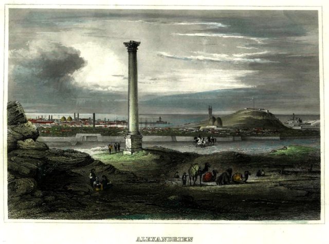 View of Pompey's Pillar with Alexandria in the background around 1850.