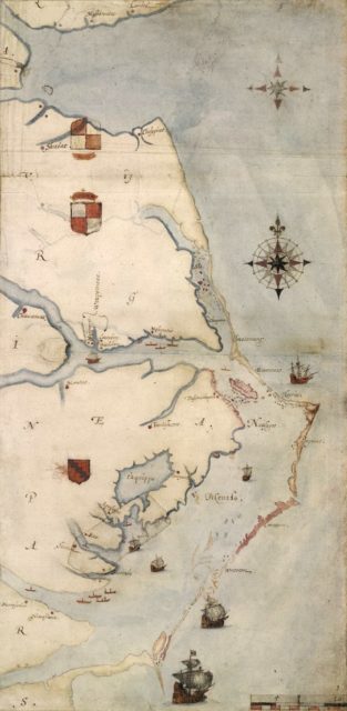 Virginea Pars map, drawn by John White during his initial visit in 1585. Roanoke is the small pink island in the middle right of the map.