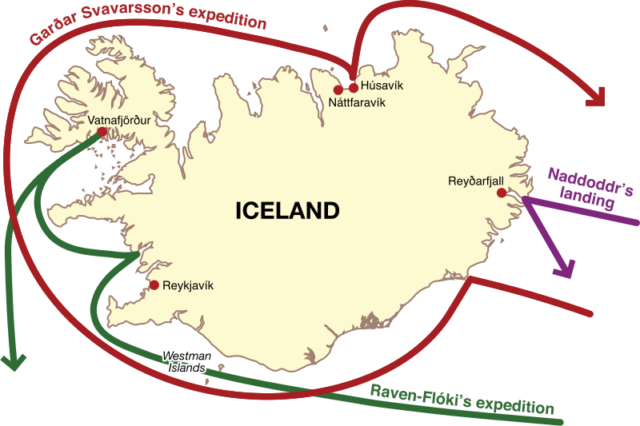 A map indicating the travels of the first Scandinavians in Iceland during the 9th century