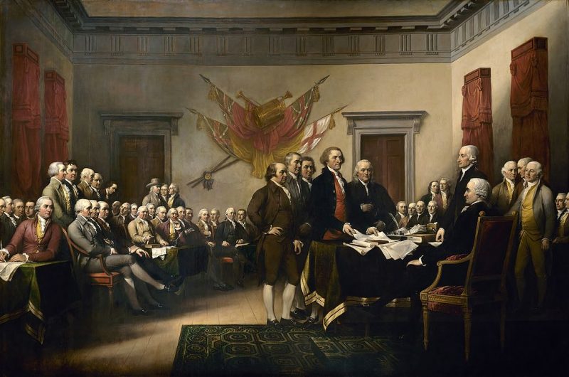 The Declaration of Independence by John Trumbull depicts the Committee of Five (Sherman is the second person on the left) presenting its work to Congress.