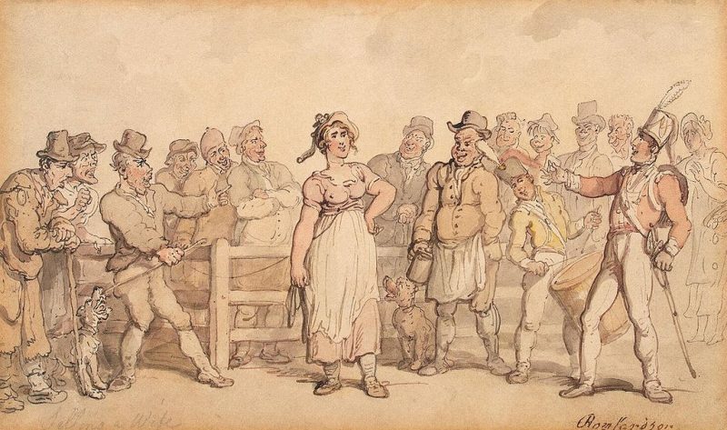 Selling a Wife (1812–14), by Thomas Rowlandson. The painting gives the viewer the impression that the wife was a willing party to the sale