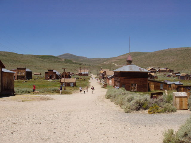 Bodie, California ghost town, as seen from the hill, looking towards the cemetery, in Mono County, California.