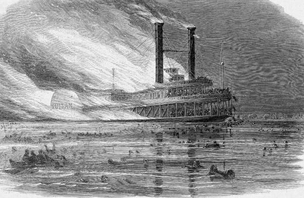 The Sultana burning after a boiler exploded near Marion (Crittenden County), as illustrated in Harper’s Weekly; May 1865