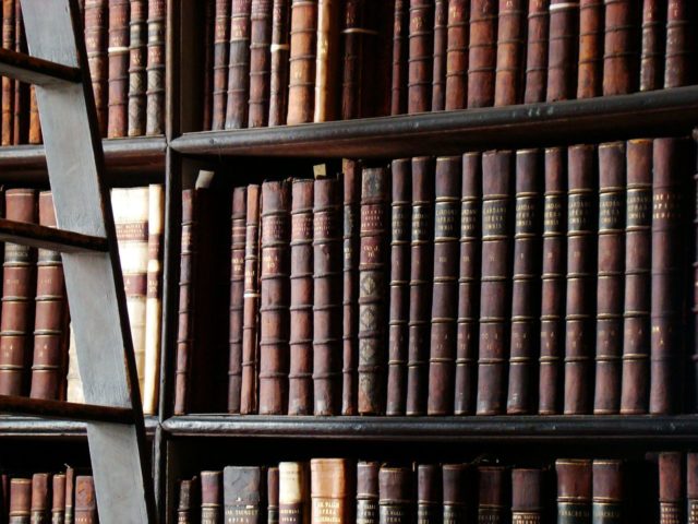 Located in the Trinity College Library, Dublin, Ireland. Here many old books are displayed with helpful wooden ladders. Photo Credit