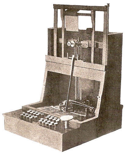 John Pratt's Pterotype, the inspiration for Sholes in July 1867, a version close to the stock model advocated by fellow inventor Frank Haven Hall.