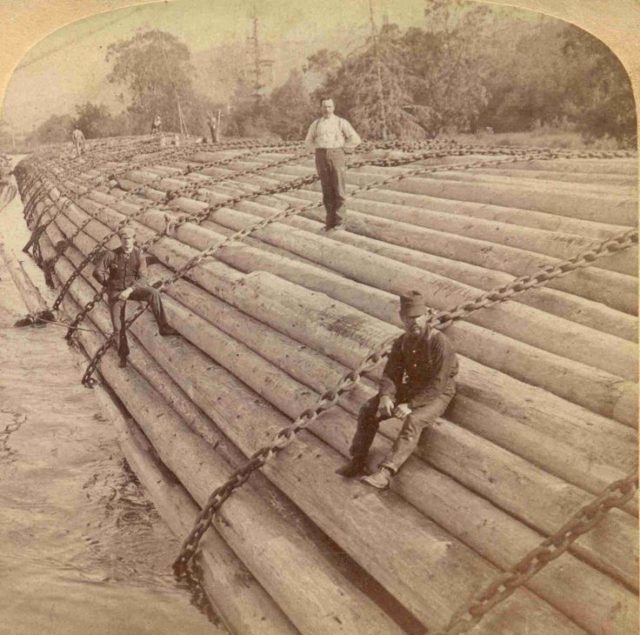 This Underwood and Underwood 1902 stereo card bears the caption: “Stupendous log-raft, containing millions of feet– a camp’s year’s work, profit $20,000– Columbia River, Oregon.” $20,000 in 1902 was roughly equivalent to $500,000 today