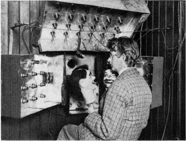 Baird in 1925 with his televison equipment and dummies. Photo Credit
