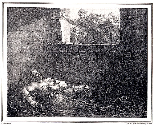 19th century artist's impression of Ælla of Northumbria's execution of Ragnar Lodbrok.