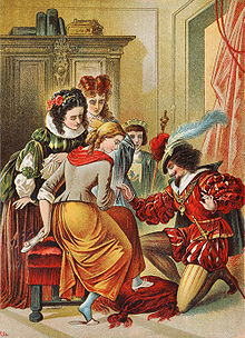 Cinderella tries on the golden slipper. German illustration from the 19th century