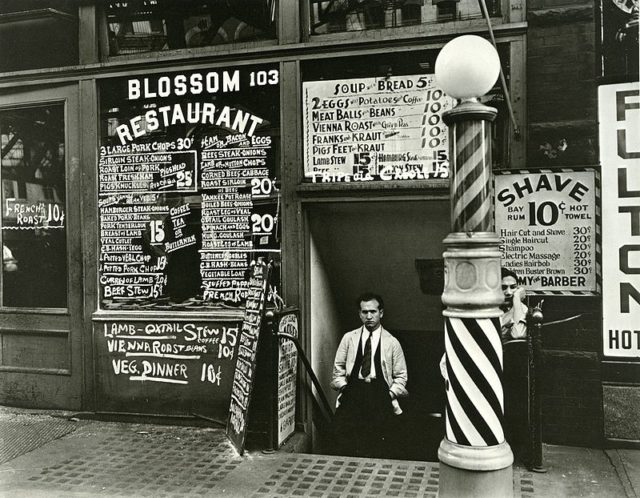 Bowery restaurant photograph for Changing New York, 1935.