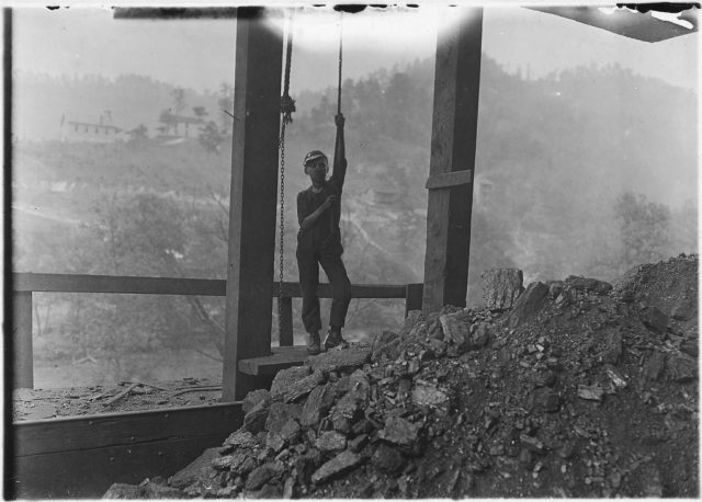Welch Mining Co., Welch, W. Va. Boy running trip rope at tipple. Overgrown, but looked 13 years old. Works 10 hours a day. Welch, W. Va, September 1908 Photo Credit