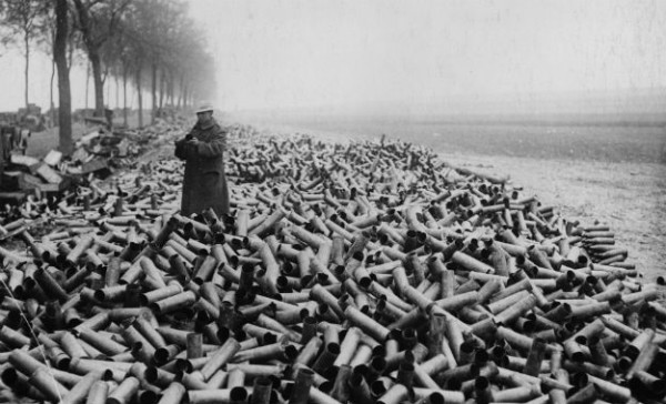 A lone soldier stands knee deep, but even these thousands of cases represent only a tiny fraction of the millions of tons of ammunition manufactured and used during the war. The volume of artillery-fire deployed against human flesh is shocking.