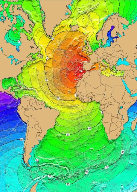 Calculated travel times for the tsunami waves of 1 November 1755. 