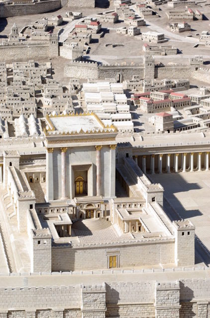 Model of Herod's Temple (a renovation of the Second Temple) in the Israel Museum, created in 1966 as part of the Holyland Model of Jerusalem. The model was inspired by the writings of Josephus