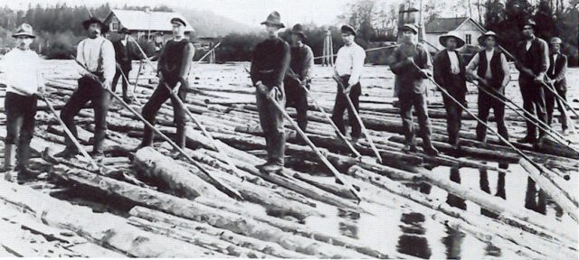 Bateaux ferried log drivers using pike poles to dislodge stranded logs while maneuvering with the log drive. A wannigan was a kitchen built on a raft which followed the drivers down the river.The wannigan served four meals a day to fuel the men working in cold water. It also provided tents and blankets for the night if no better accommodations were available.