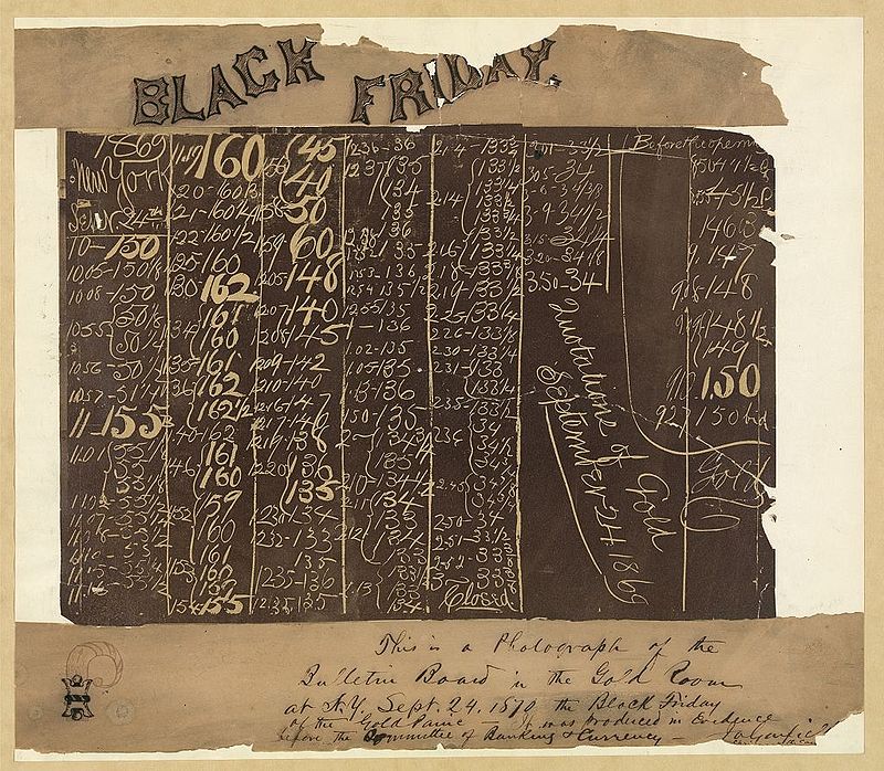 Photograph of the black board in the New York Gold Room, September 24, 1869, showing the collapse of the price of gold. Handwritten caption by James A. Garfield indicates it was used as evidence before the Committee of Banking & Currency during hearings in 1870.