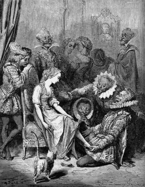 "He seated Cinderella slipper and approaching her little foot, he saw that there came easily, and she was there just like wax." Gustave Doré illustration from 1867