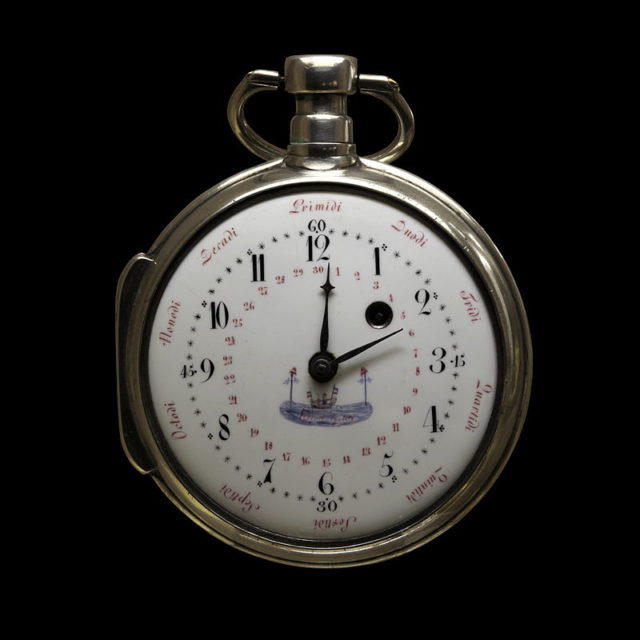 French Revolutionary pocket watch showing ten-day décade names and thirty-day month numbers from the Republican Calendar, but with duodecimal time. On display at Neuchâtel Beaux-Arts museum. Photo credit