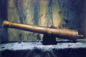 The first of three bronze 4-pounder cannons discovered in the hold of La Belle, recovered in July 1995. The remaining two guns are pictured below.