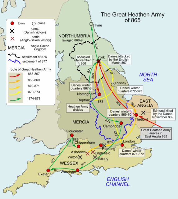 A map of the routes taken by the Great Heathen Army from 865 to 878. Photo Credit