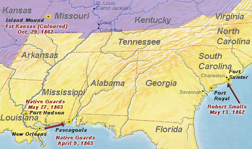 Map of early African-American involvement in the Civil War, including Robert Smalls's liberation of the Planter