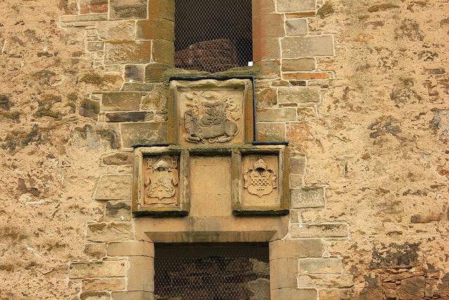 Bishops David Stewart's and Patrick Hepburn's armorial shields below. Photo Credit