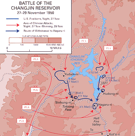 Map of the Battle of the Changjin (Chosin) Reservoir. The red lines representing the Chinese troops, while the blue