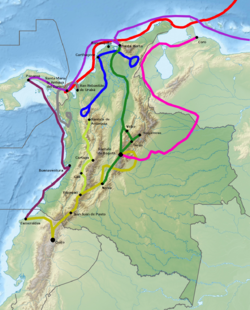 Explored route of Federmann in South America indicated in pink. Photo credit