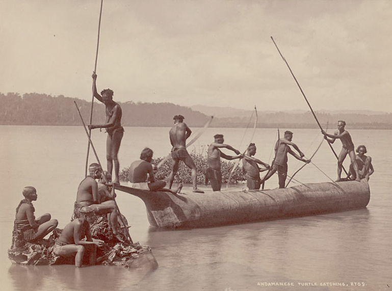  More details Group of Andamanese hunting turtles with bows and arrows